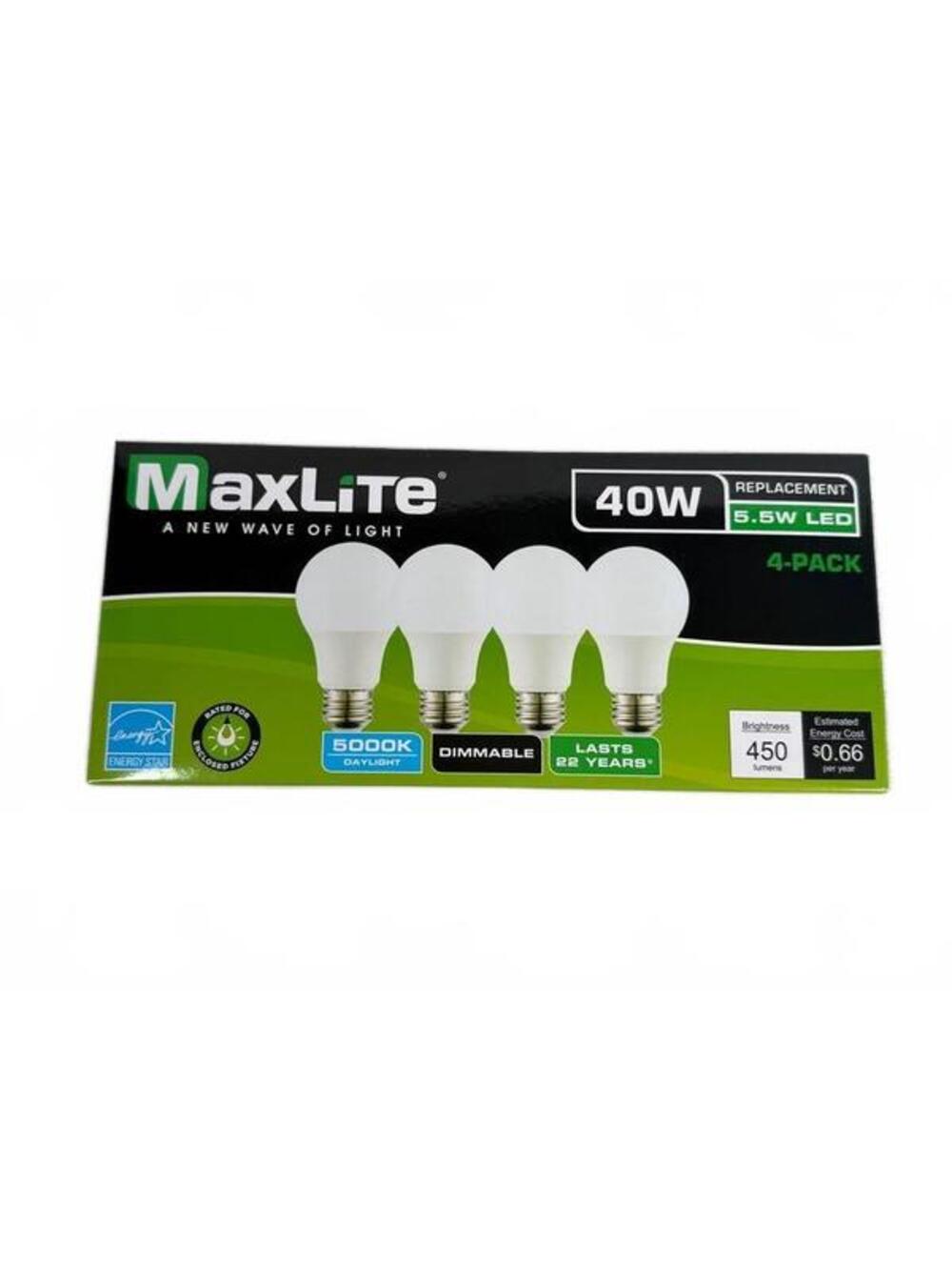 MaxLite 40W Replacement 5.5W LED A19 Bulbs 5000K Daylight Dimmable 4-Pack